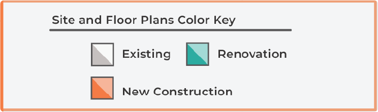 Site and Floor Plan Color Key, Grey Existing, teal renovation, orange new construction 