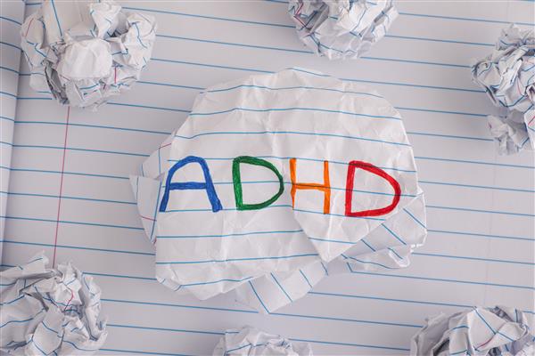  Notebook paper crumpled into balls, the center is largest with the words "ADHD" in rainbow colors