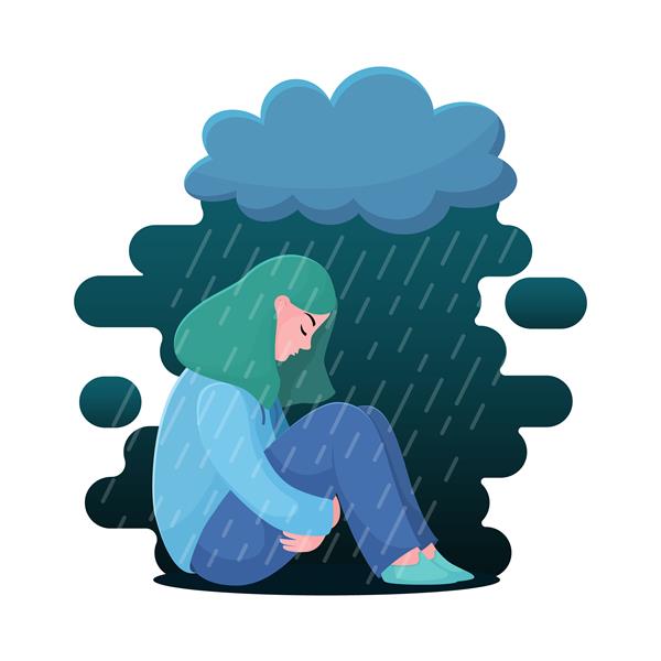 Cartoon girl sitting under a rain cloud, wearing blue clothes with blue hair on a grey background